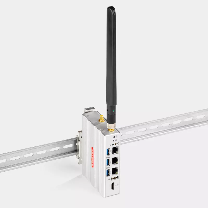 Arrakis Pico Mk3 LTE Hutschienen Industrie PC Computer Frontansicht Oben mit Hutschiene und Antenne