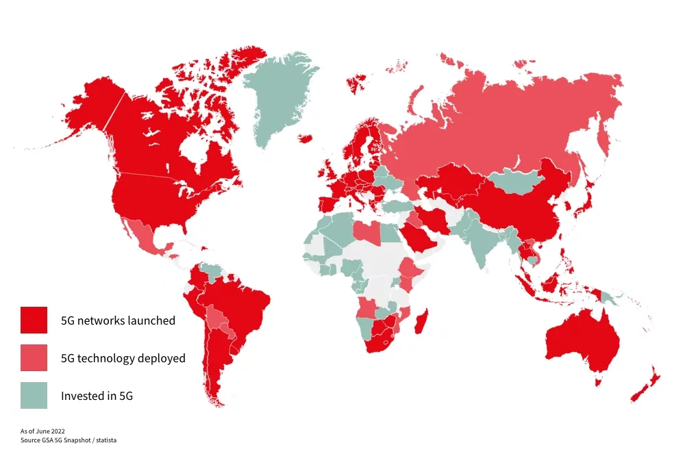 Weltkarte zeigt 5G eingesetzt wird nach Ländern: 5G Network Launched, 5G Technology Deployed und Invested in 5G Quelle: https://www.statista.com/chart/23194/5g-networks-deployment-world-map/ 