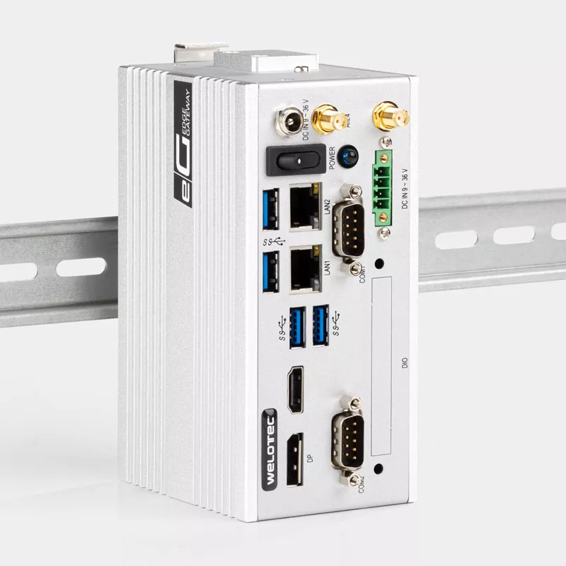 EG600 Edge Gateway 4G Industrial DIN rail front view side with DIN rail