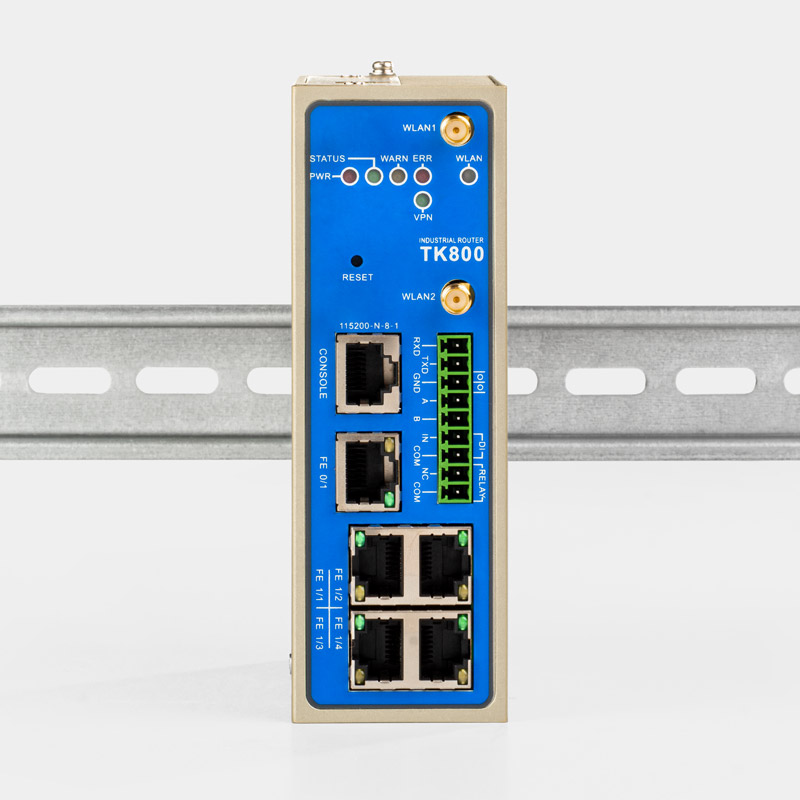 TK800 WiFi Router Industrial DIN rail Front view with DIN rail